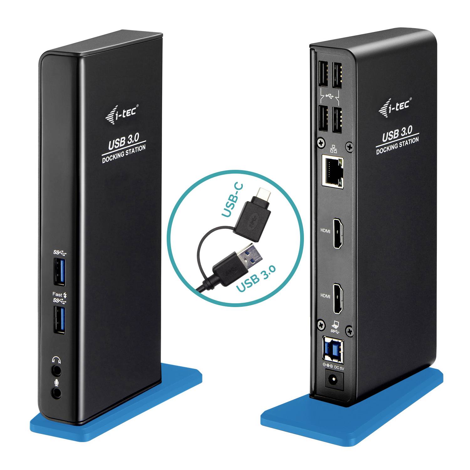 Deux vues d'une station d'accueil noire USB 3.0 avec plusieurs ports, y compris USB-C et HDMI.