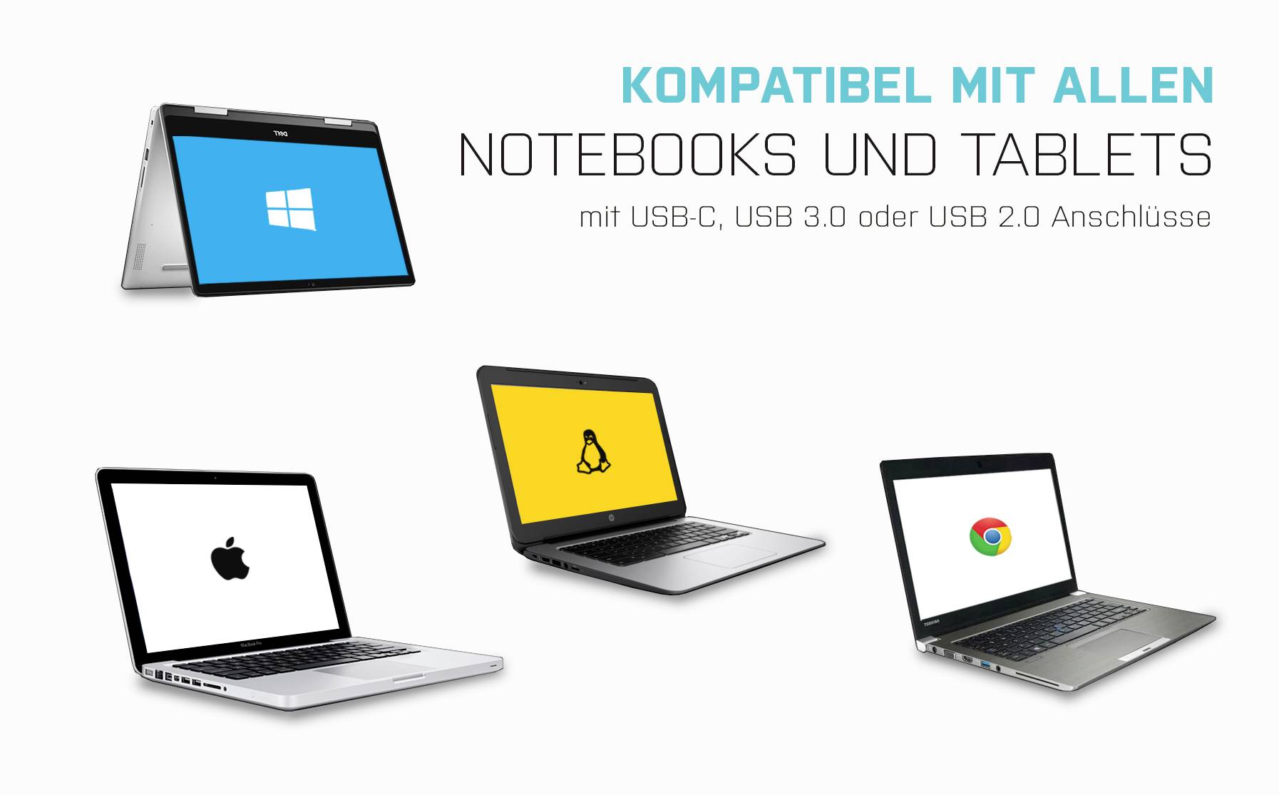 Compatible avec les appareils Windows, Apple, Linux et ChromeOS dotés de ports USB-C, USB 3.0 ou USB 2.0.