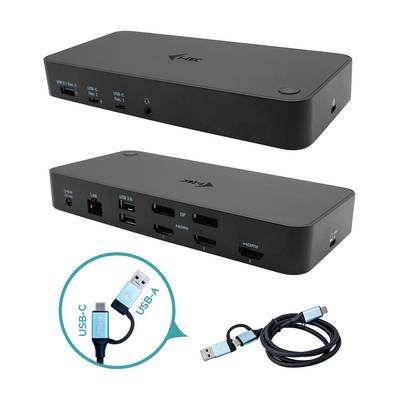 Station d'accueil multiports : USB-C, HDMI, DisplayPort, USB-A, LAN. Câble inclus avec connecteurs USB-C et USB-A.