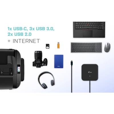Plusieurs appareils entourent un hub USB : imprimante, ordinateur portable, appareil photo, disque dur, clé USB, carte SD, souris, écouteurs. Ports : 1x USB-C, 3x USB 3.0, 2x USB 2.0, Internet.