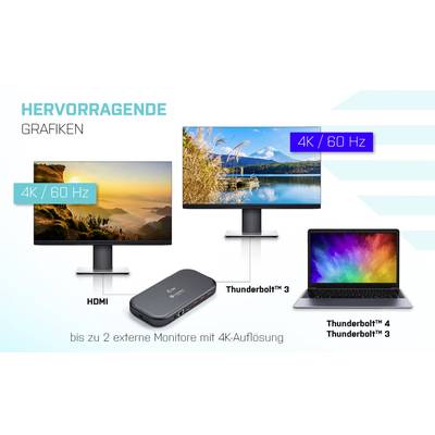 Une image montre deux écrans et un ordinateur portable avec une résolution 4K/60 Hz, connectés via HDMI et Thunderbolt 3, accompagnés du texte 'Graphismes exceptionnels'.