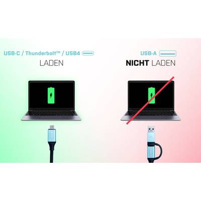 'Deux ordinateurs portables : À gauche, charge via USB-C/Thunderbolt™/USB4 (symbole vert), à droite, ne charge pas via USB-A (croix rouge).'