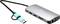 Un hub USB-C argenté avec plusieurs ports, dont HDMI, USB 3.0, Ethernet et lecteur de carte SD. Posé sur un fond blanc.