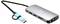 Adaptateur externe en argent avec plusieurs ports : USB, Ethernet, VGA et lecteur de cartes mémoire. Connecté via un câble USB bleu.