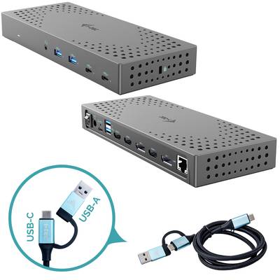 Une station d'accueil USB grise avec plusieurs ports, comprenant HDMI, USB et Ethernet. Un câble USB-C vers USB-A est également représenté.