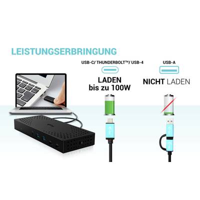 Ordinateur portable et station d'accueil avec l'étiquette 'Prestation de services'. USB-C/Thunderbolt charge jusqu'à 100W, USB-A ne charge pas.