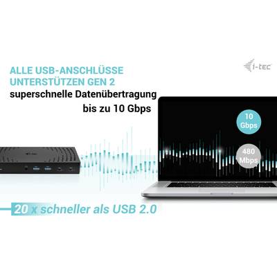 Ordinateur portable avec transfert de données en bleu et noir. Texte : Toutes les ports USB prennent en charge la Gen 2, jusqu'à 10 Gbps. 20 fois plus rapide que l'USB 2.0.