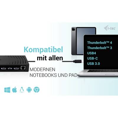 'Compatible avec tous les ordinateurs portables et iPads modernes. Ports pris en charge : Thunderbolt 4, Thunderbolt 3, USB4, USB-C, USB 3.0.'