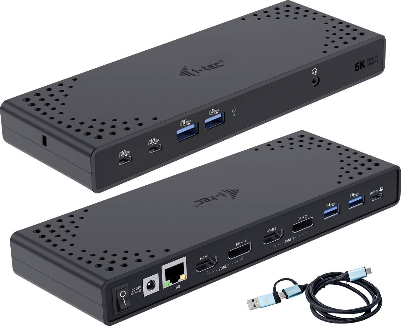 Une station d'accueil noire avec plusieurs ports, comprenant USB, HDMI, Ethernet. Un câble USB est posé à côté.