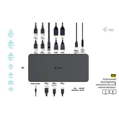 Station d'accueil avec ports : 2x USB-C, 4x USB-A, LAN, 2x HDMI, 2x DisplayPort, combo audio. Prend en charge jusqu'à 2 écrans externes.