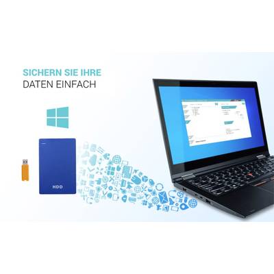 Ordinateur portable avec un logiciel de sauvegarde ouvert, à côté d'un symbole de disque dur, une clé USB et des icônes. Texte : 'Sauvegardez vos données en toute simplicité'.