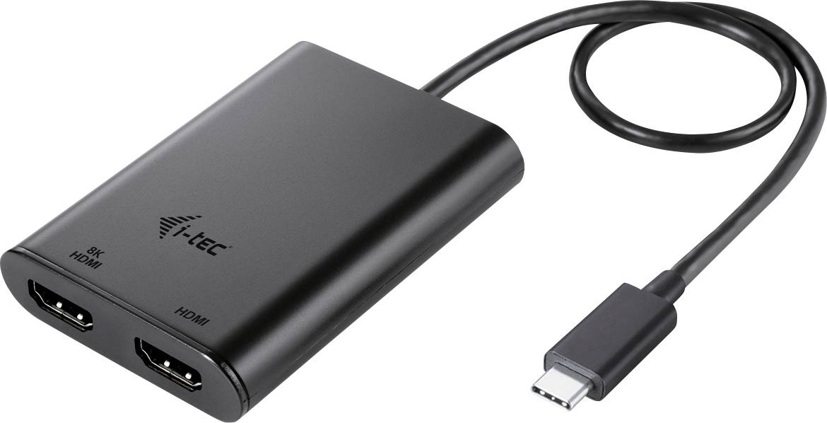 Un adaptateur noir avec deux ports HDMI et un câble USB-C, adapté pour connecter plusieurs écrans à un appareil.