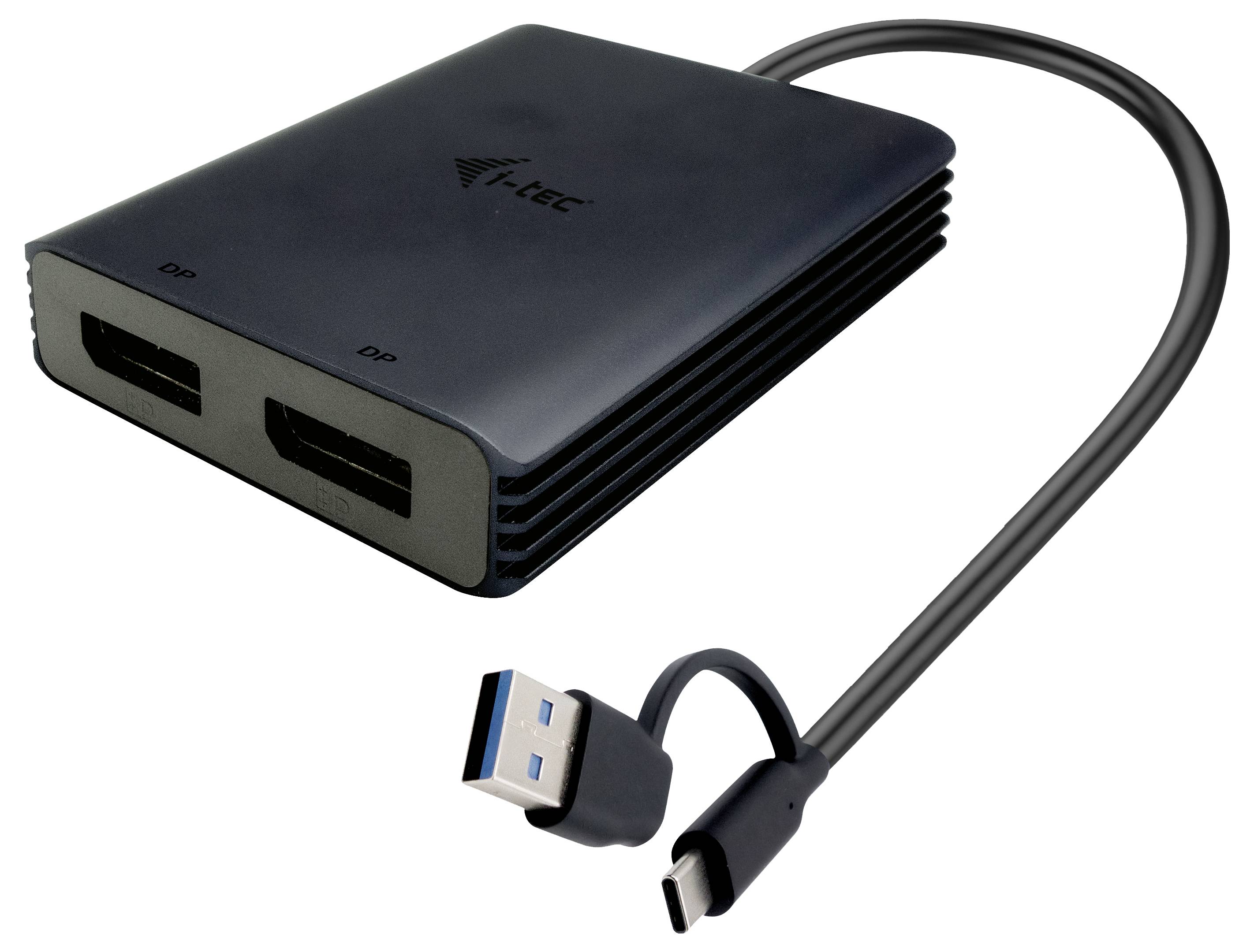 Adaptateur USB vers HDMI avec deux sorties HDMI, adapté pour connecter des appareils compatibles DisplayPort à des moniteurs.