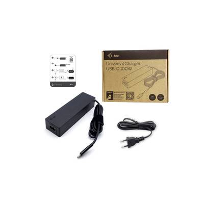 Chargeur universel USB-C 100W de i-tec ; sont représentés le chargeur, le câble secteur et l'emballage avec les informations produit.