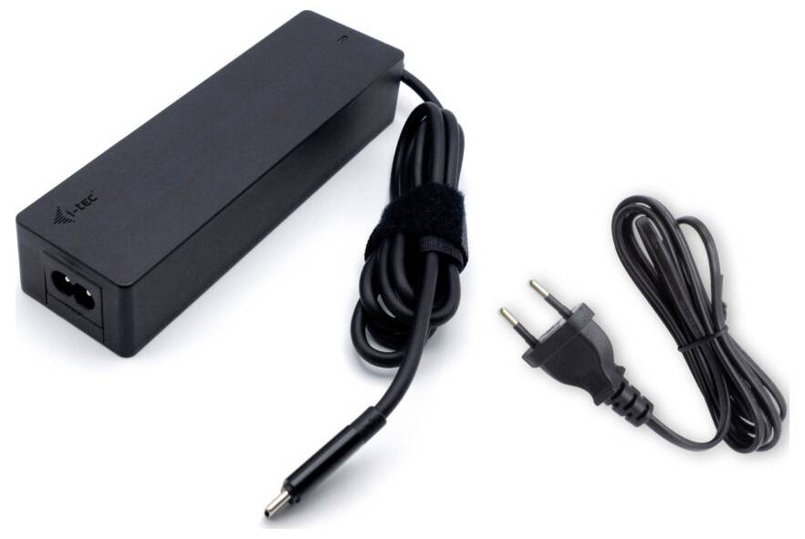 Un bloc d'alimentation noir avec deux câbles : à gauche un câble de connexion pour l'appareil, à droite un câble d'alimentation avec une fiche européenne.