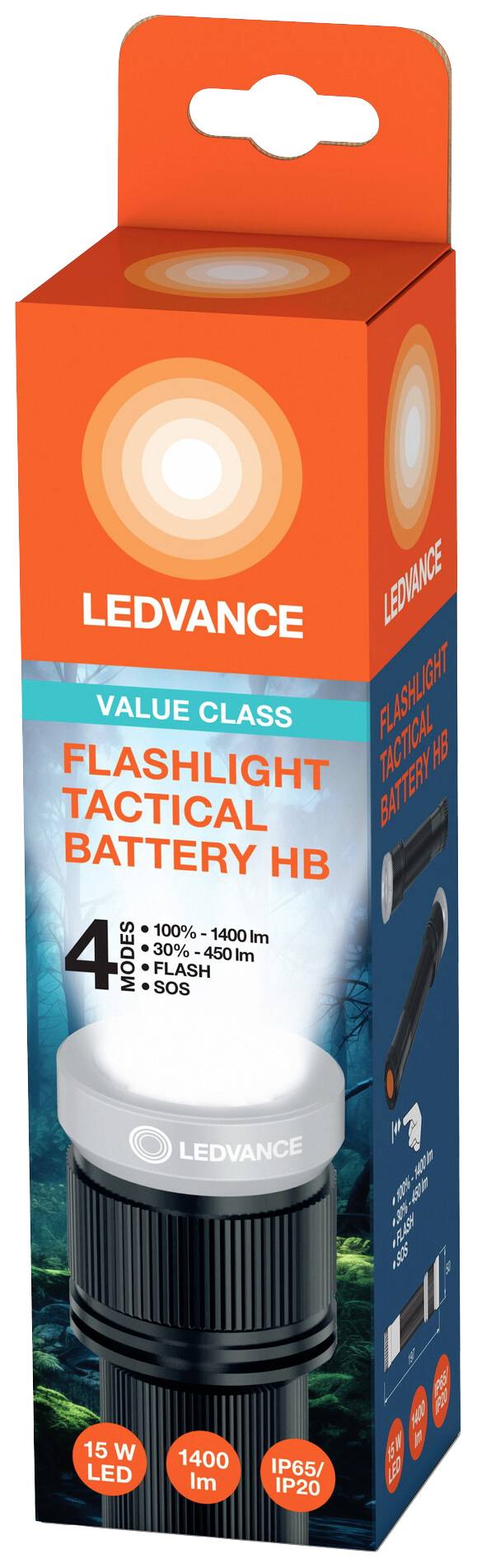 Emballage d'une lampe de poche LED avec fonctions tactiques. Marquée '4 MODES', 1400 lumens, 15W. Contient une image de la lampe de poche.