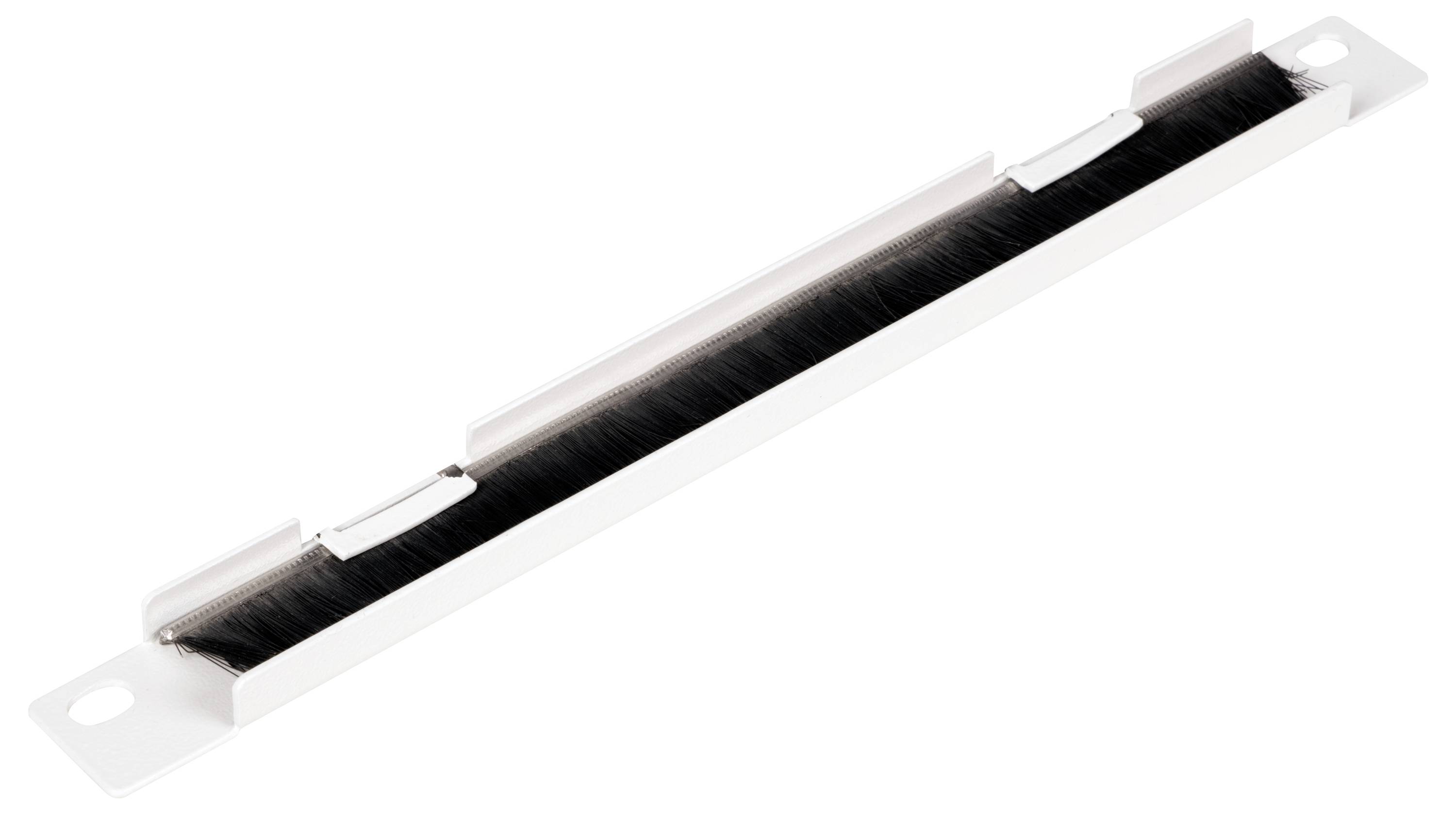 Un passe-câbles blanc avec un joint à brosse noir, adapté au guidage des câbles dans les bureaux ou les armoires électriques.
