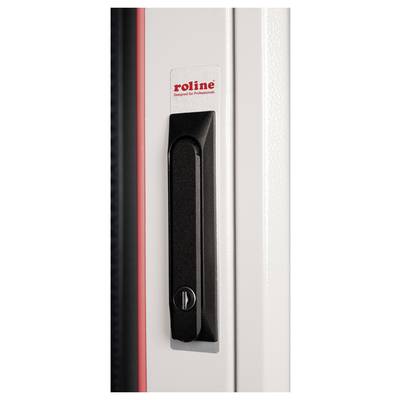 Gros plan sur une charnière ou une poignée sur une porte blanche avec un cadre rouge. En haut se trouve une étiquette portant le texte 'roline'.