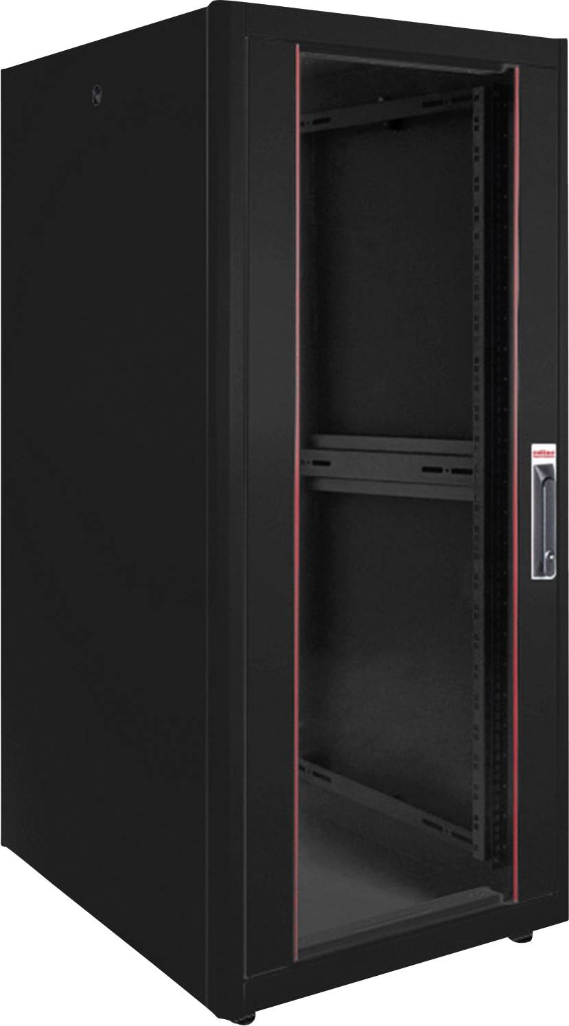 Armoire de serveur noire avec porte en verre et bordure rouge. Elle est vide et se tient debout, prête à accueillir des composants serveur.