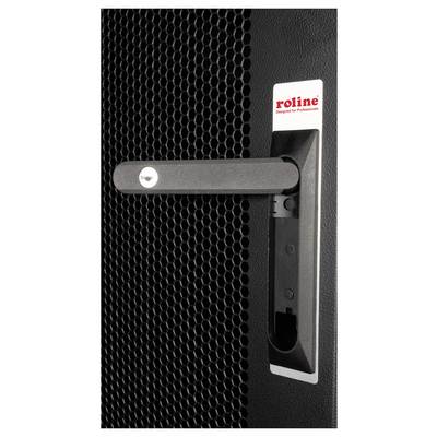 Une porte noire avec une poignée à levier et un trou de serrure. En haut à droite est inscrit 'roline'. L'arrière-plan présente une structure quadrillée.