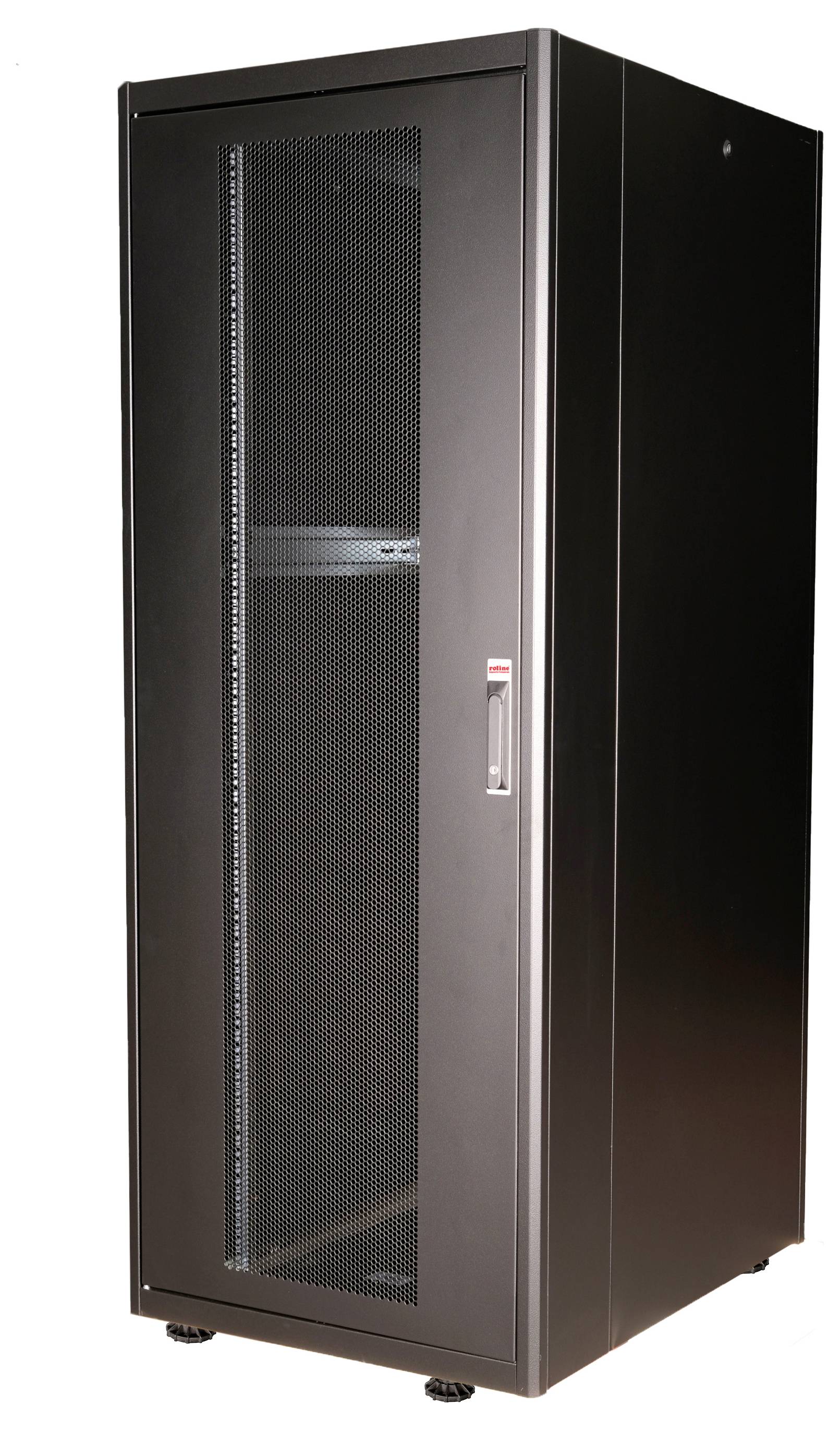 Rack serveur noir avec porte grillagée et poignée, adapté au stockage sécurisé des équipements réseau et informatiques dans un centre de données.