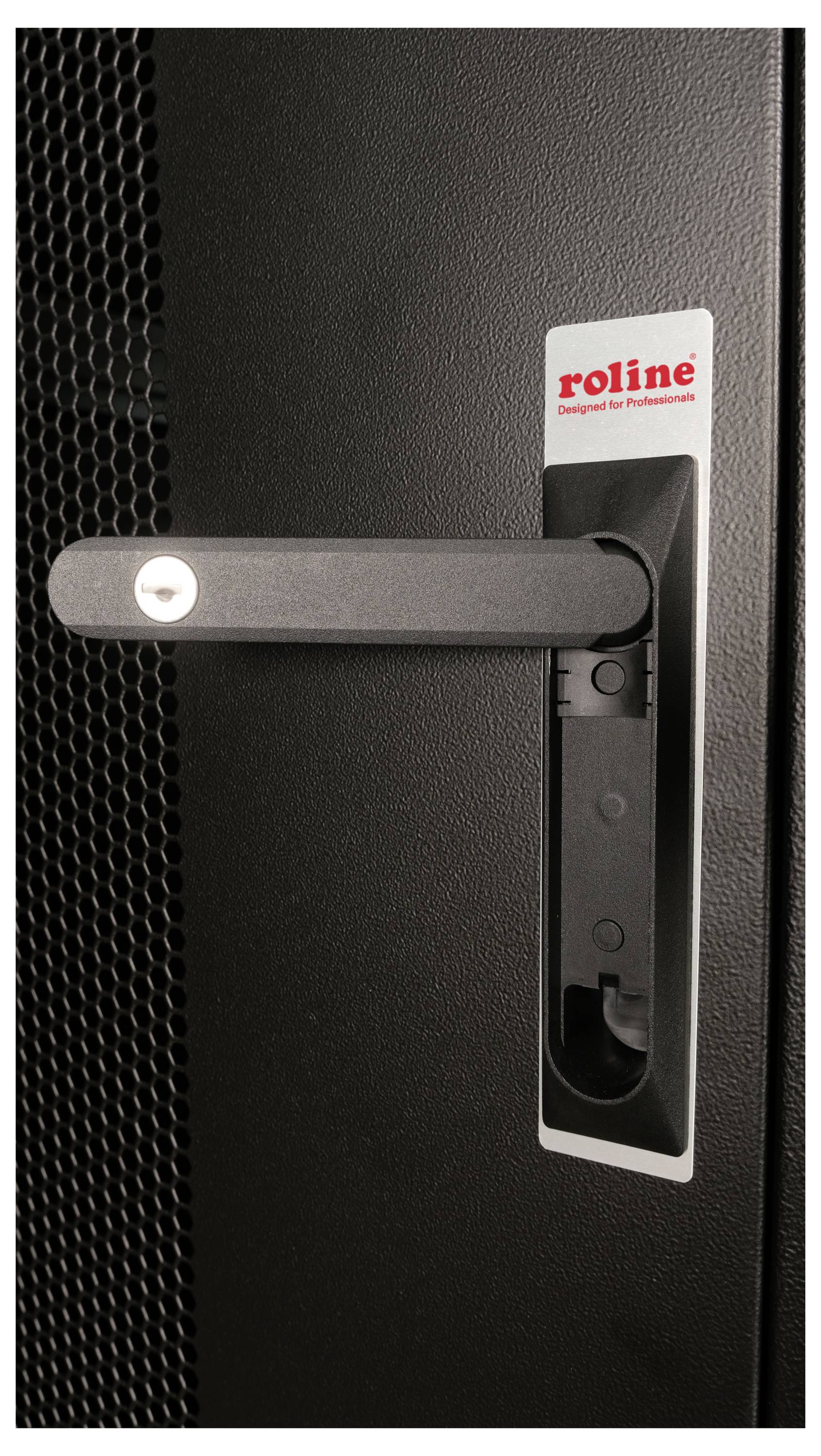 Poignée de porte d'une armoire noire, montée sur le côté, avec une serrure. Le logo de la marque 'roline' se trouve en haut.