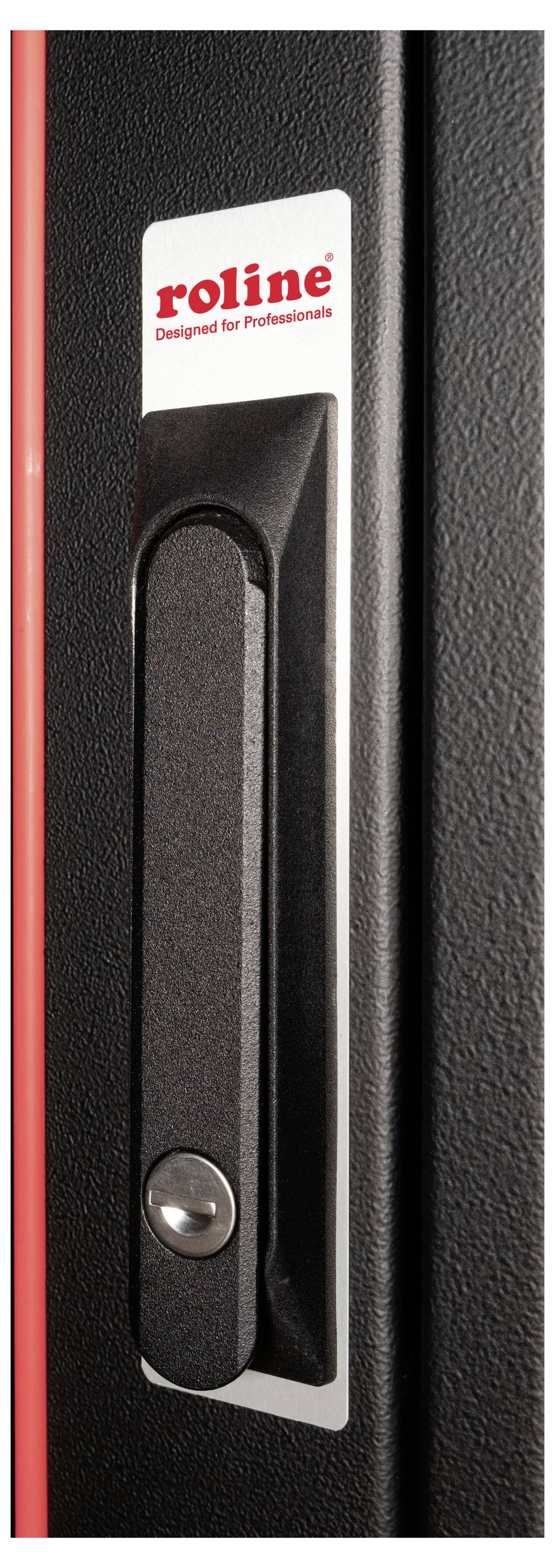 Poignée de porte avec l'inscription rouge 'roline Designed for Professionals' sur une plaquette. La surface est texturée.