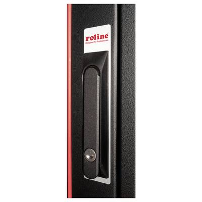 Poignée de porte avec l'inscription rouge 'roline Designed for Professionals' sur une plaquette. La surface est texturée.