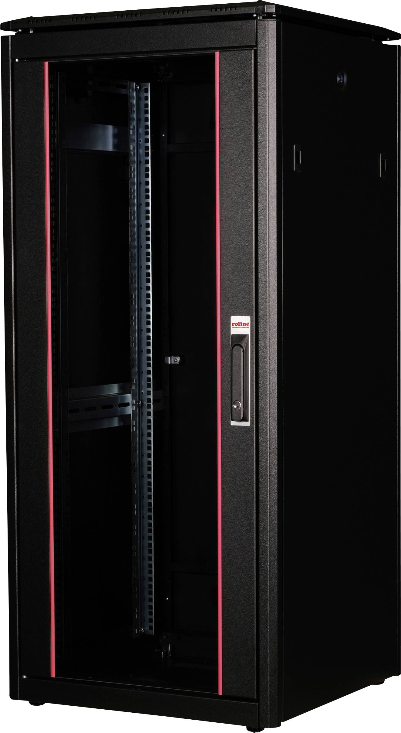 Un rack serveur noir avec une bande rouge, ouvert et vide, destiné à l'hébergement d'équipements informatiques.