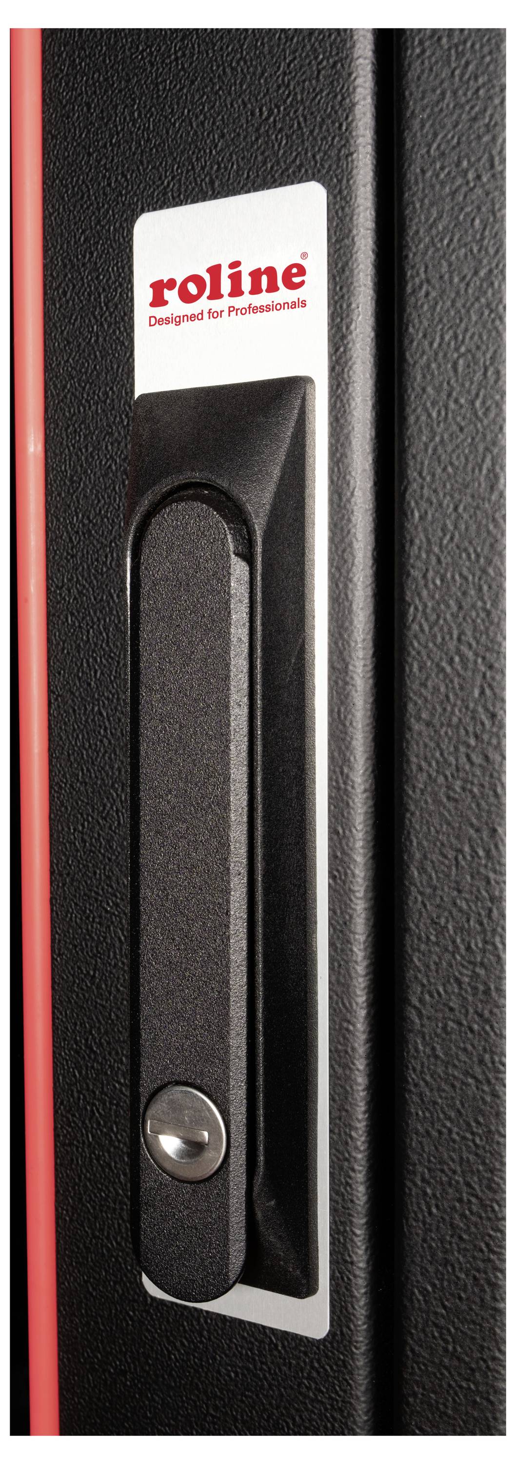 Poignée d'une porte noire avec une bande rouge, portant le logo 'roline' et l'inscription 'Conçu pour les Professionnels'.