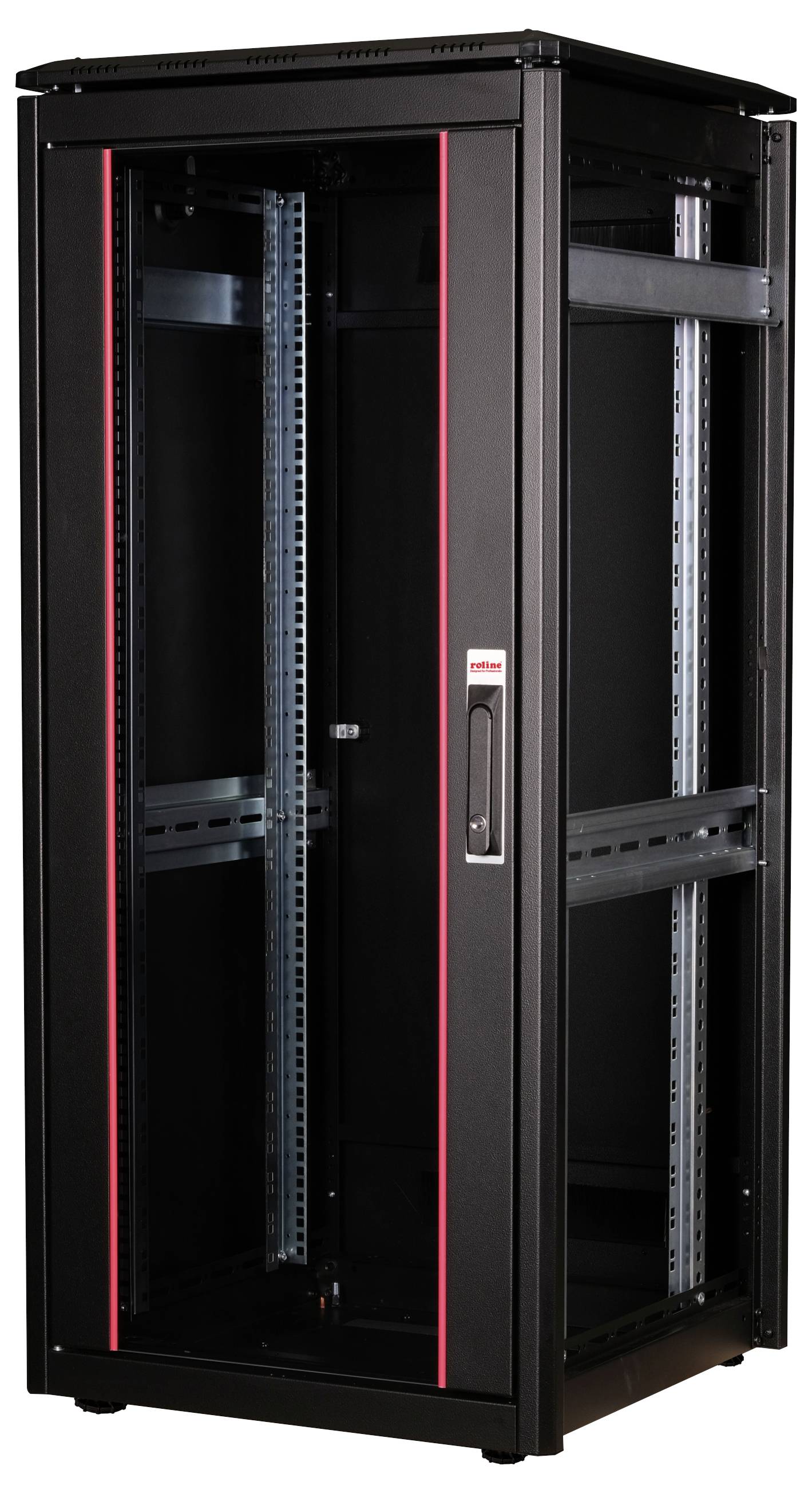 Un rack serveur noir avec une porte en verre, des bandes rouges sur les bords et des rails de montage à l'intérieur, adapté pour héberger de l'équipement informatique.