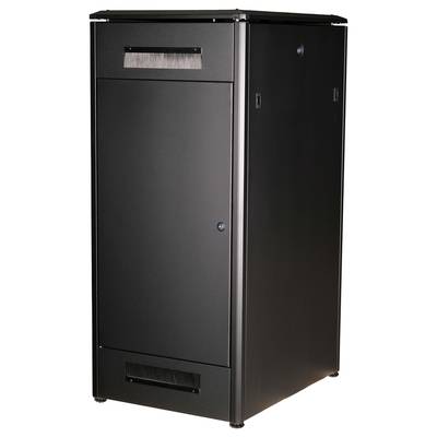 Rack serveur noir avec porte fermée, utilisé dans les centres de données pour héberger des équipements réseau et techniques.
