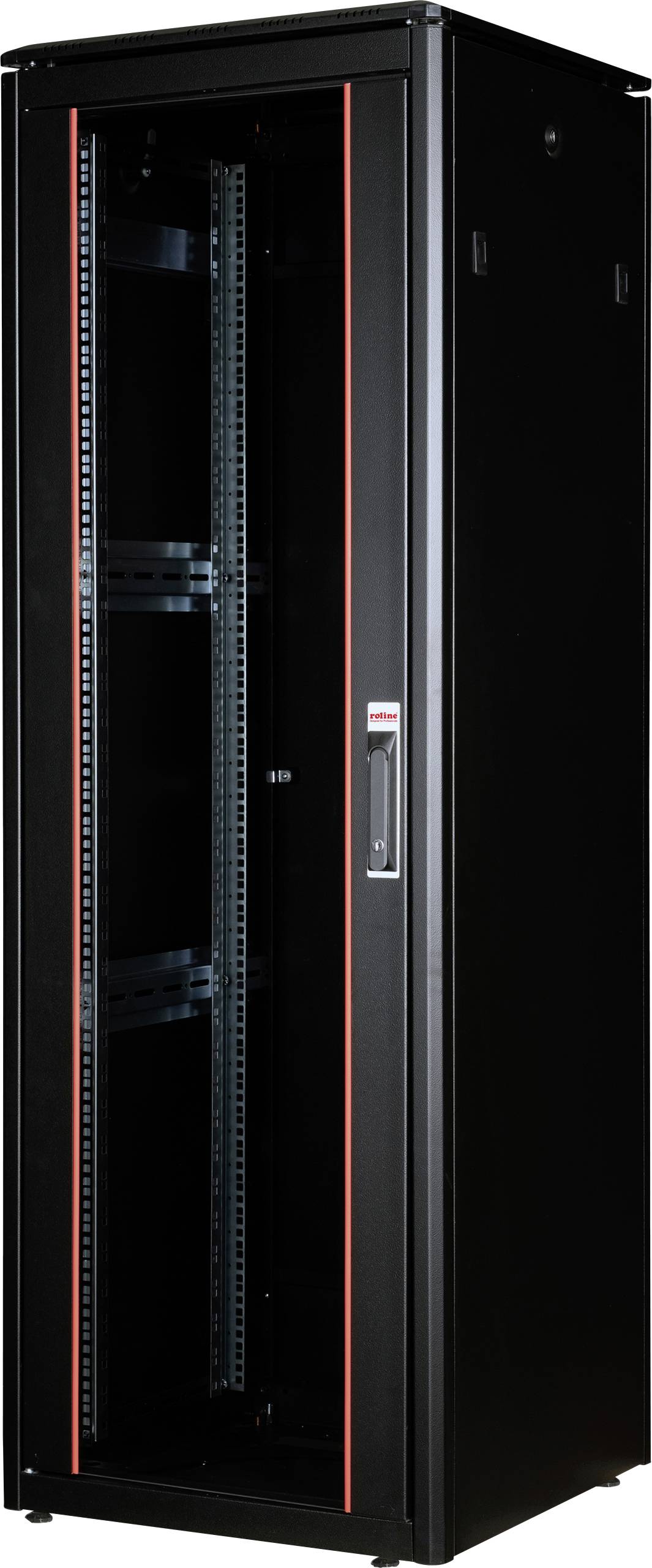 Un armoire de serveur noir avec un panneau frontal transparent et des accents rouges. Idéal pour le stockage sécurisé de l'équipement informatique.