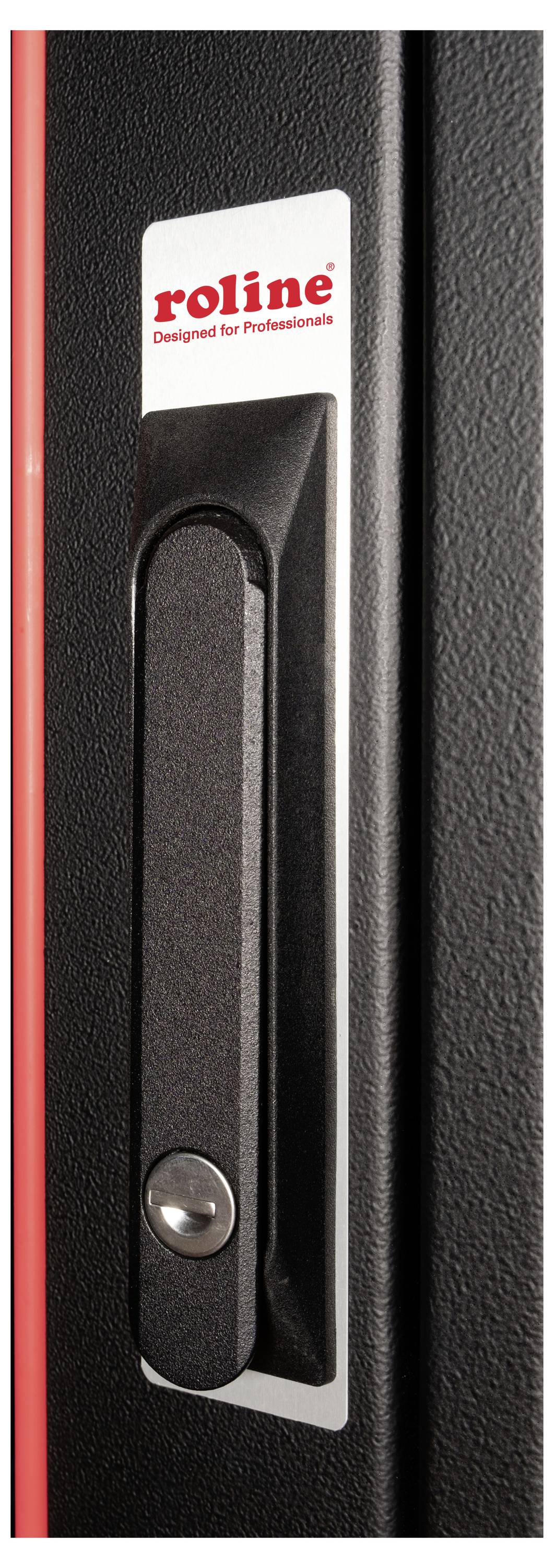 Poignée de porte d'un placard noir avec un bord latéral rouge. Logo 'roline' et slogan 'Designed for Professionals' sur un fond argenté.