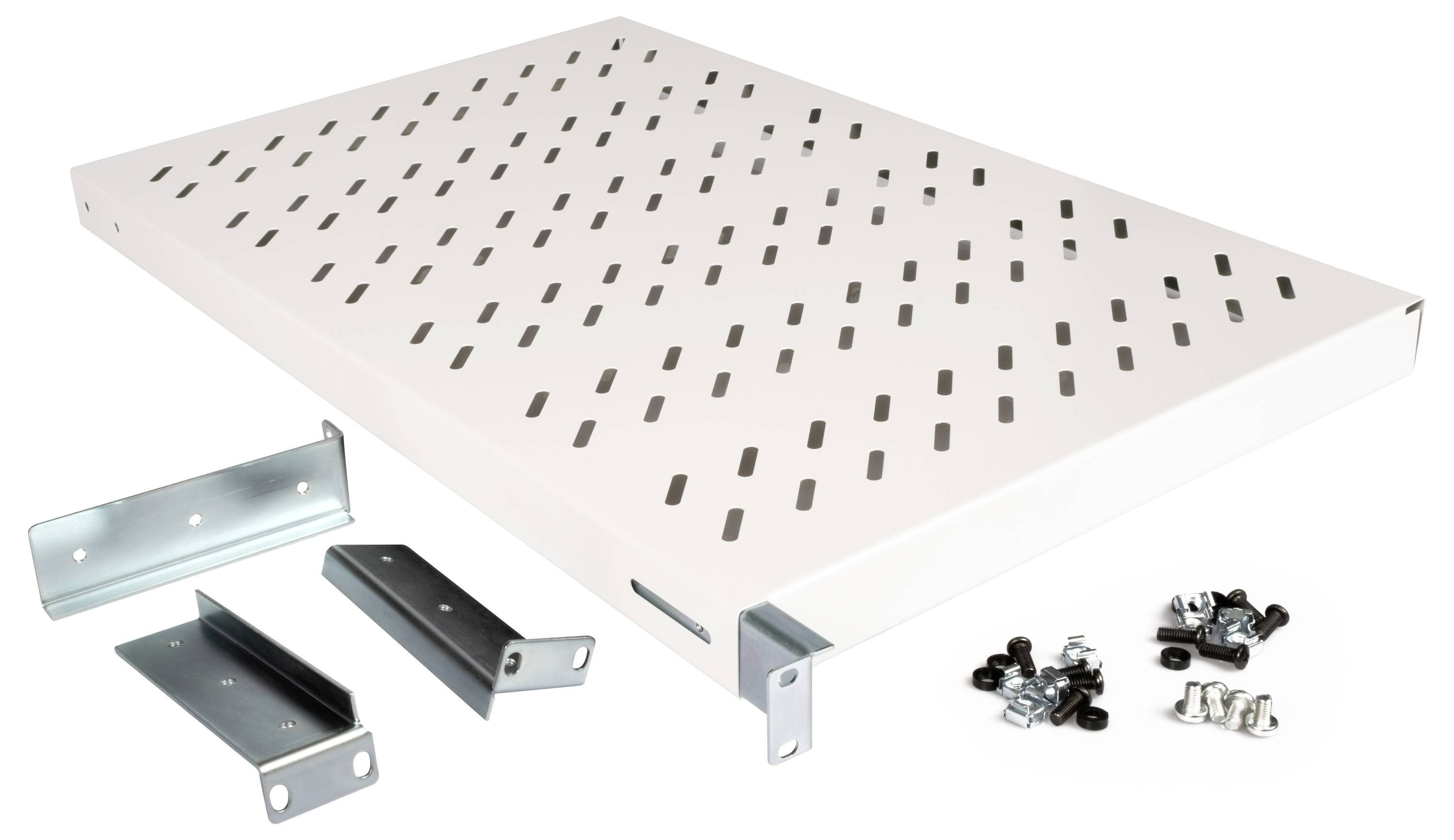 Support métallique à fentes, comprenant des équerres de montage et des vis, pour une utilisation polyvalente dans les étagères ou les armoires.