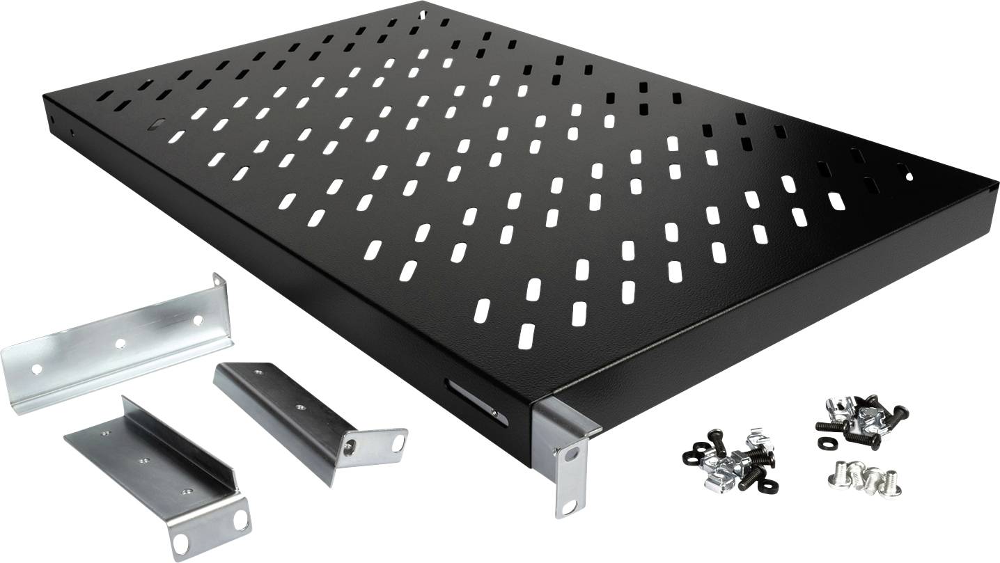 Une étagère en métal noir perforée, comprenant des supports et des vis de montage. Adaptée pour une utilisation dans des systèmes d'étagères.