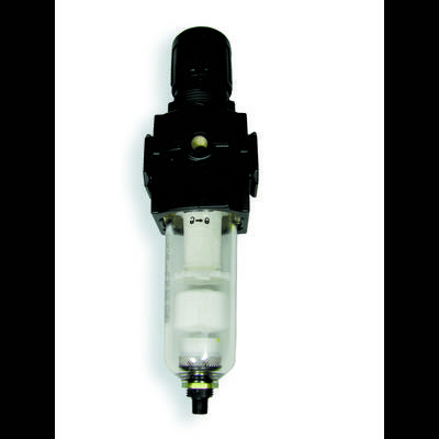 'Régulateur de pression d'air noir avec cylindre transparent, contenant un filtre blanc. Utilisé pour la régulation de pression dans les systèmes pneumatiques.'