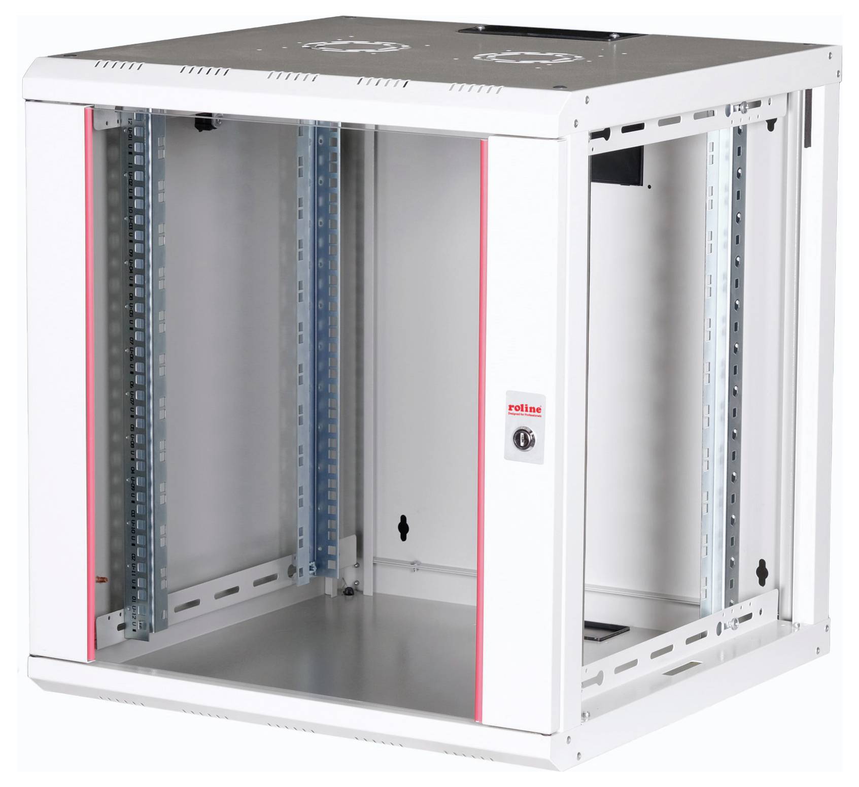 Une armoire réseau blanche, montable au mur, avec une porte en verre, des ouvertures de ventilation en haut et un intérieur spacieux pour accueillir de l'équipement informatique.
