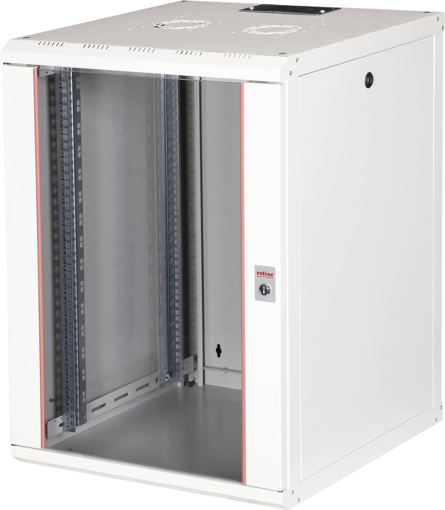 Armoire de serveur blanche avec porte vitrée et ouvertures de ventilation en haut, adaptée aux équipements réseau dans les environnements de bureau.