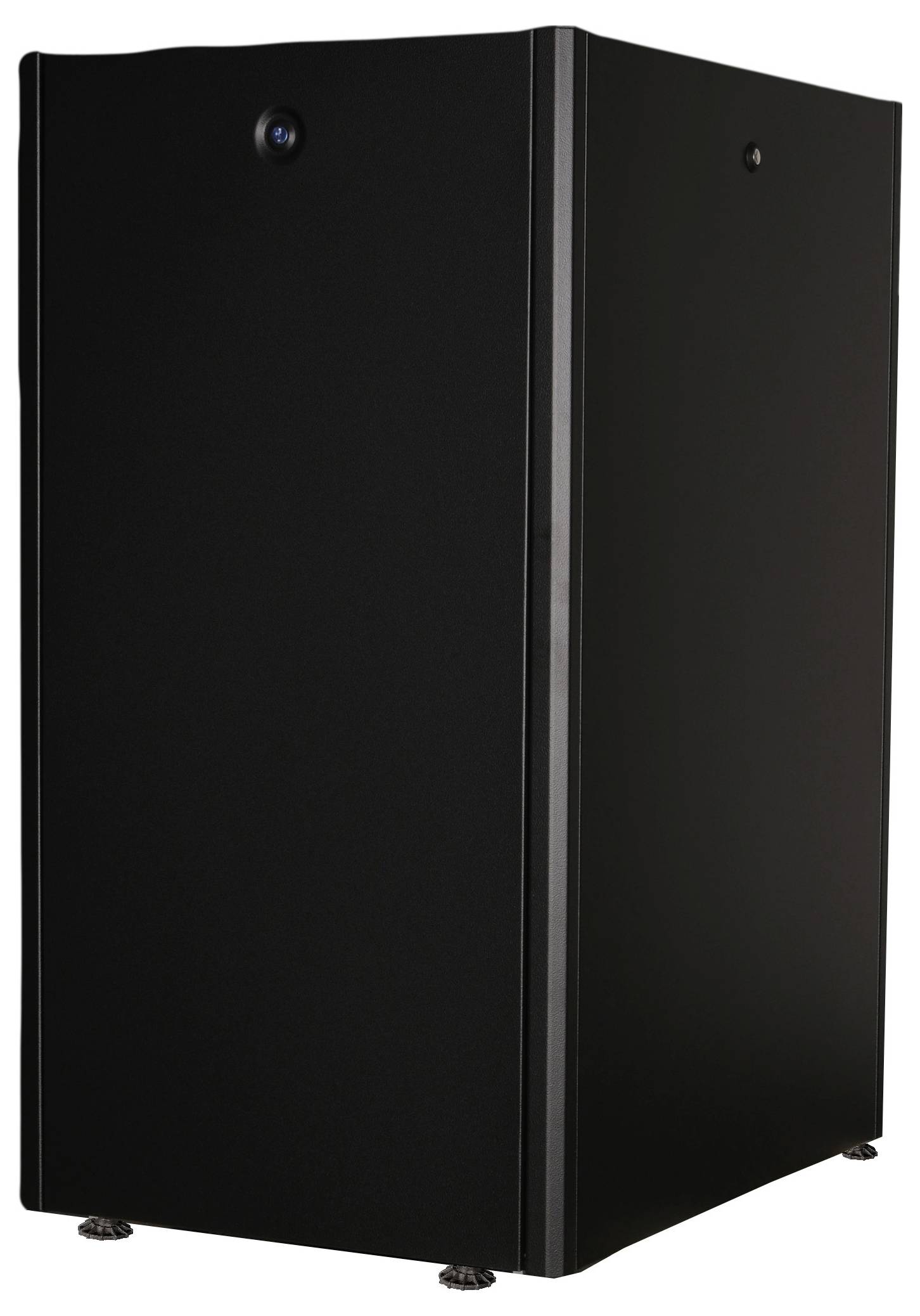 Haut-parleur noir, rectangulaire, à surface lisse et coins arrondis, reposant sur quatre petits pieds argentés.