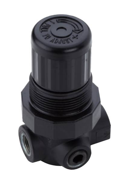 Valve cylindrique noire à filetage et molette de réglage de pression, utilisée dans les systèmes pneumatiques.