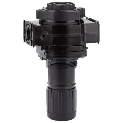 Une vanne noire, complexe, avec plusieurs raccords et une poignée cylindrique. Utilisée pour le contrôle de l'eau ou de l'air.