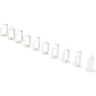 Une série de supports en plastique blanc en forme de L, disposés en diagonale de gauche à droite.