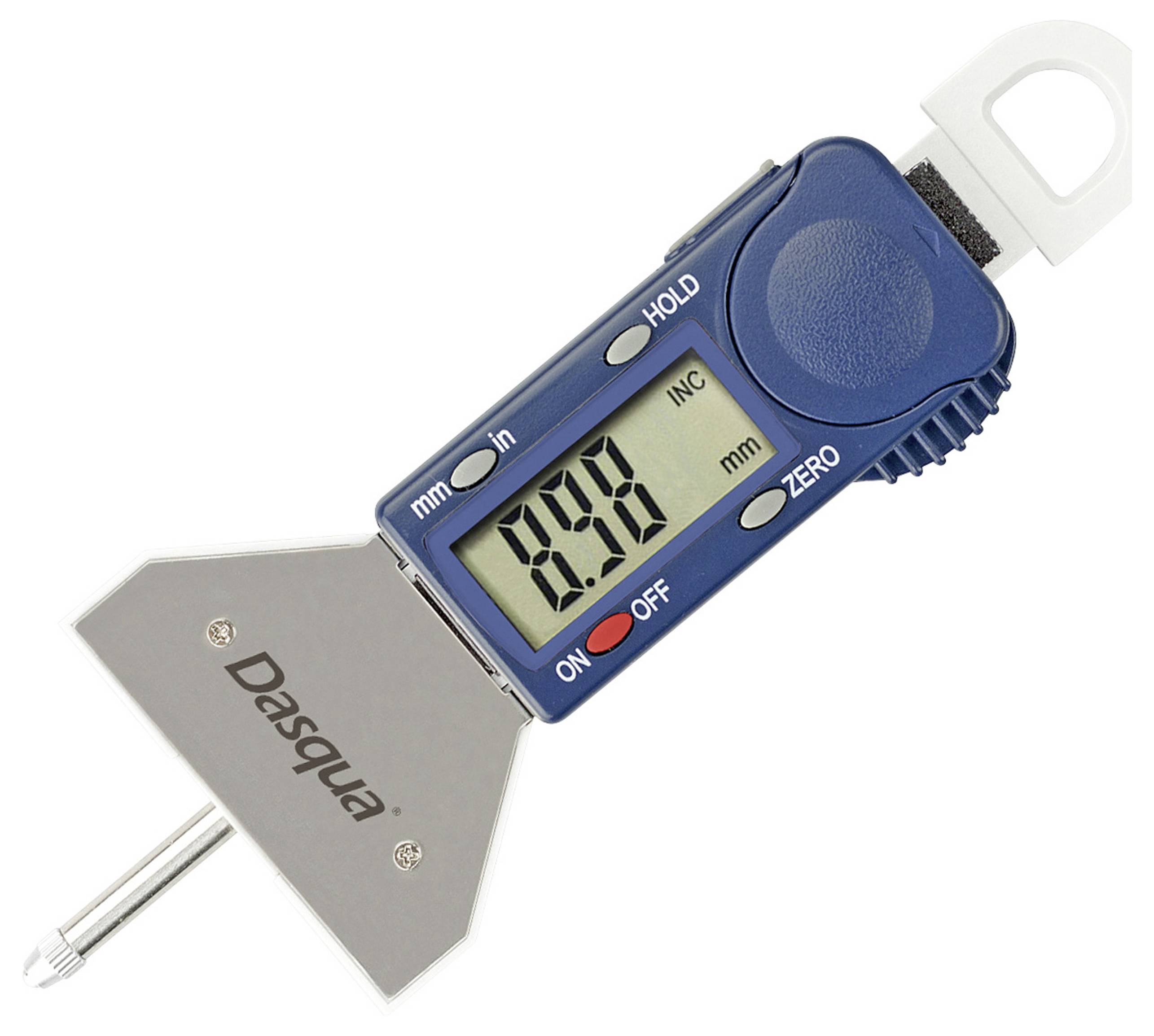 Indicateur électronique de profondeur avec affichage numérique indiquant '8,88 mm'. Nom de la marque sur la base à gauche.