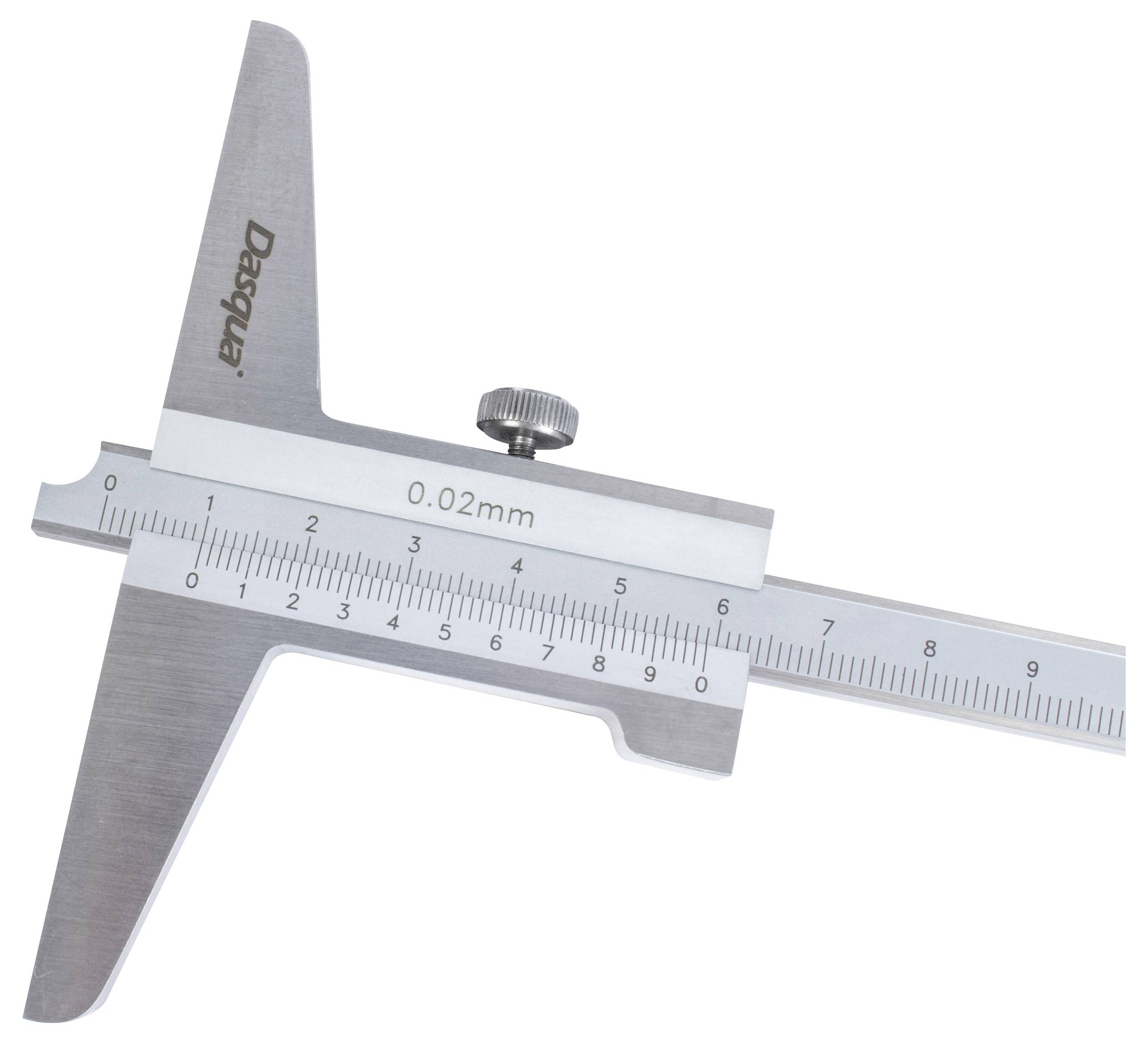 Un pied à coulisse en argent avec échelle, affichant des mesures en millimètres. 'Dasqua' et '0,02 mm' sont gravés sur le coulisseau.