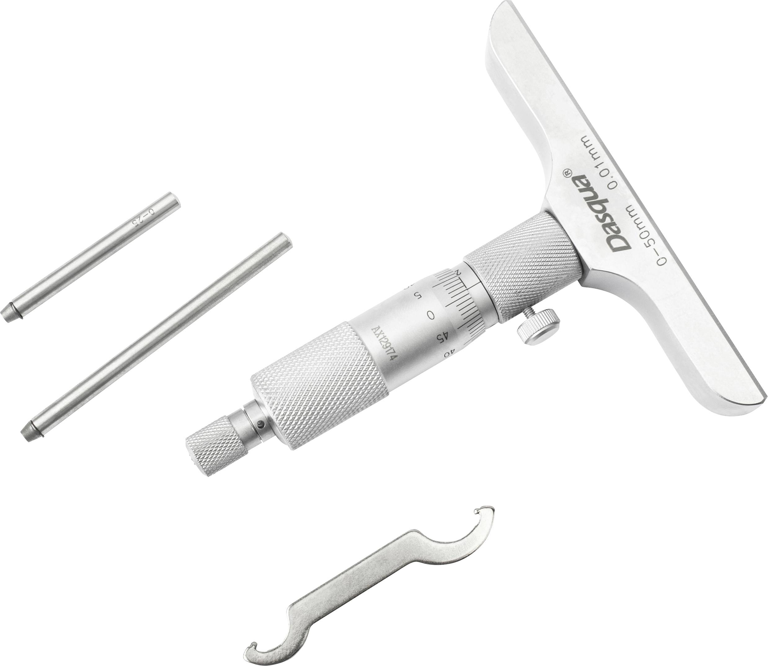 'Ensemble de vis micrométriques avec instrument de mesure, deux goupilles interchangeables et une clé à vis, adapté pour des mesures de précision.'