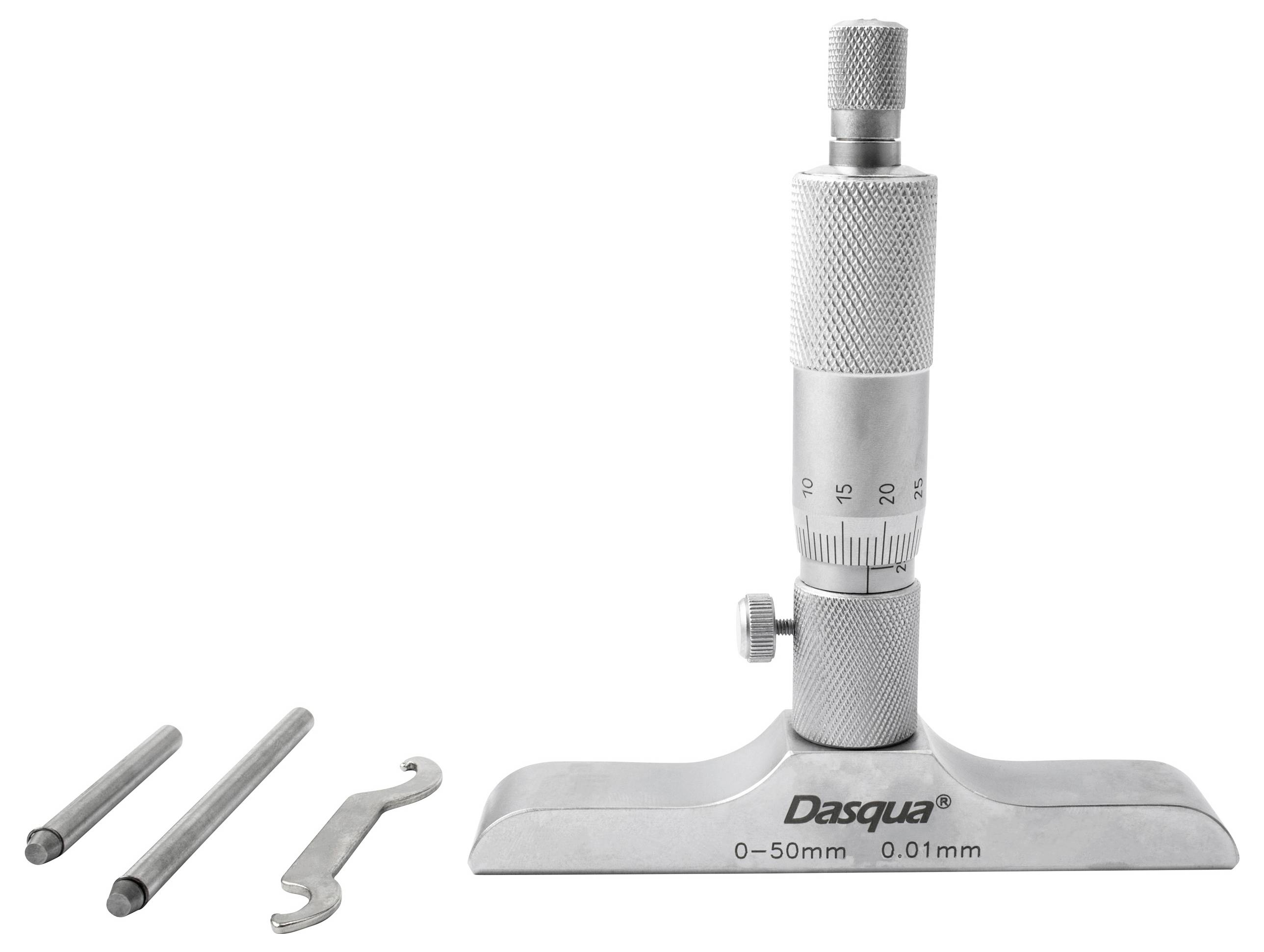 Micromètre avec plage de mesure 0-50 mm, précision 0,01 mm. Deux tiges et une clé de réglage sont à côté.
