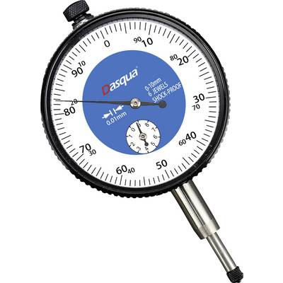 Appareil de mesure analogique avec échelle, affichage 0-100. Logo Dasqua, précision 0,01 mm, résistant aux chocs. Aiguille proche de la position zéro, design noir et bleu.
