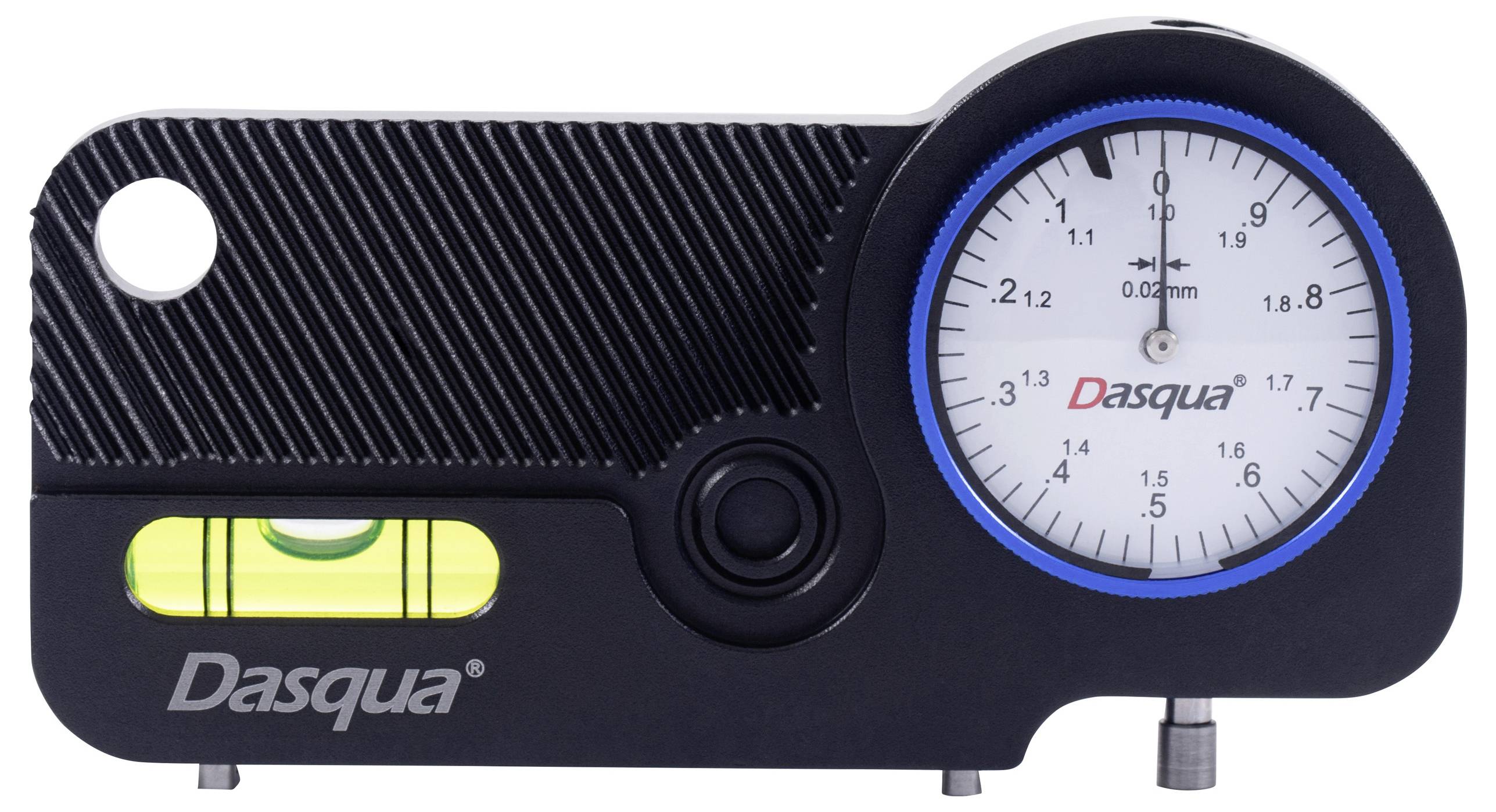 Outil de précision 'Dasqua' avec affichage circulaire et niveau à bulle intégré pour des mesures et des ajustements précis.