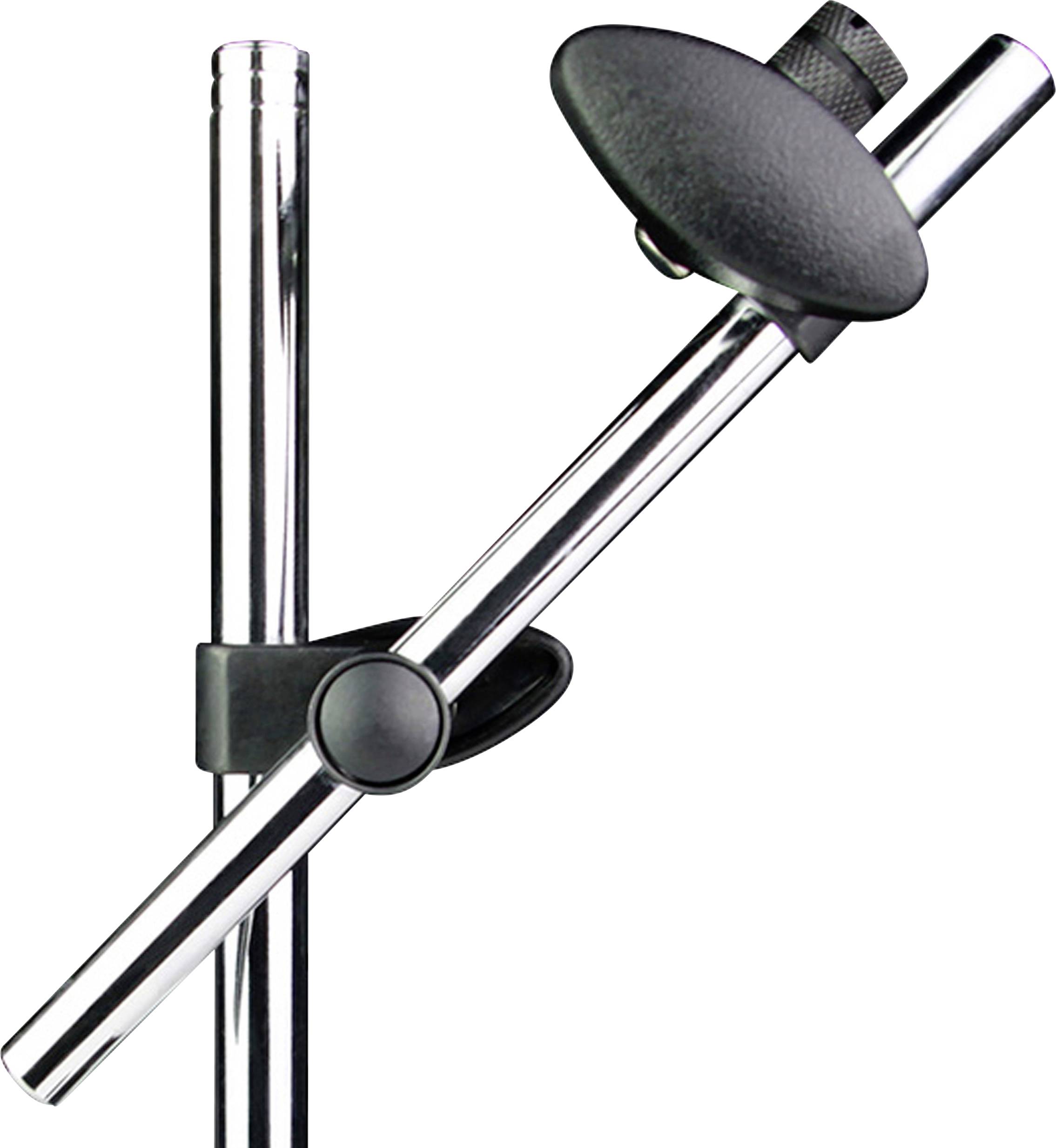 Support de microphone argenté avec bras pivotant et pince noire. Adapté pour ajuster la position du microphone pendant l'utilisation.